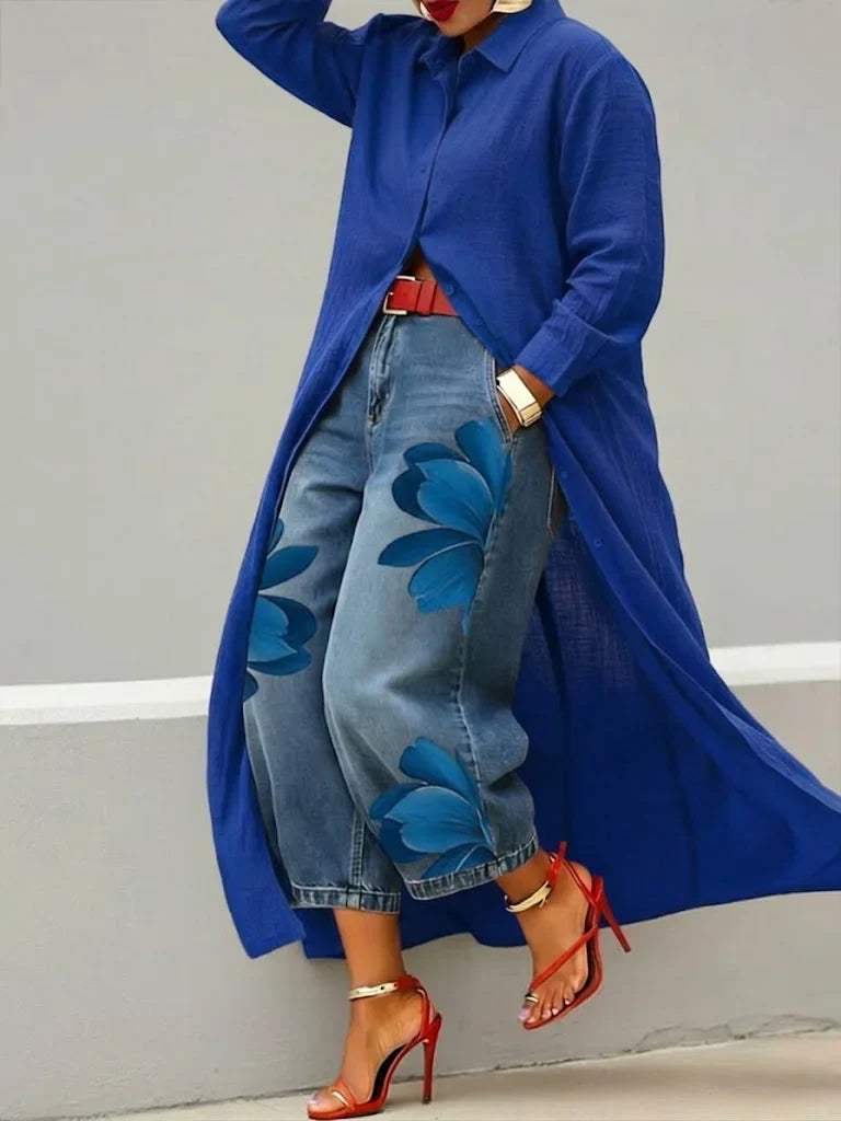 Analie - Linen Shirt Dress and Floral Jeans Set