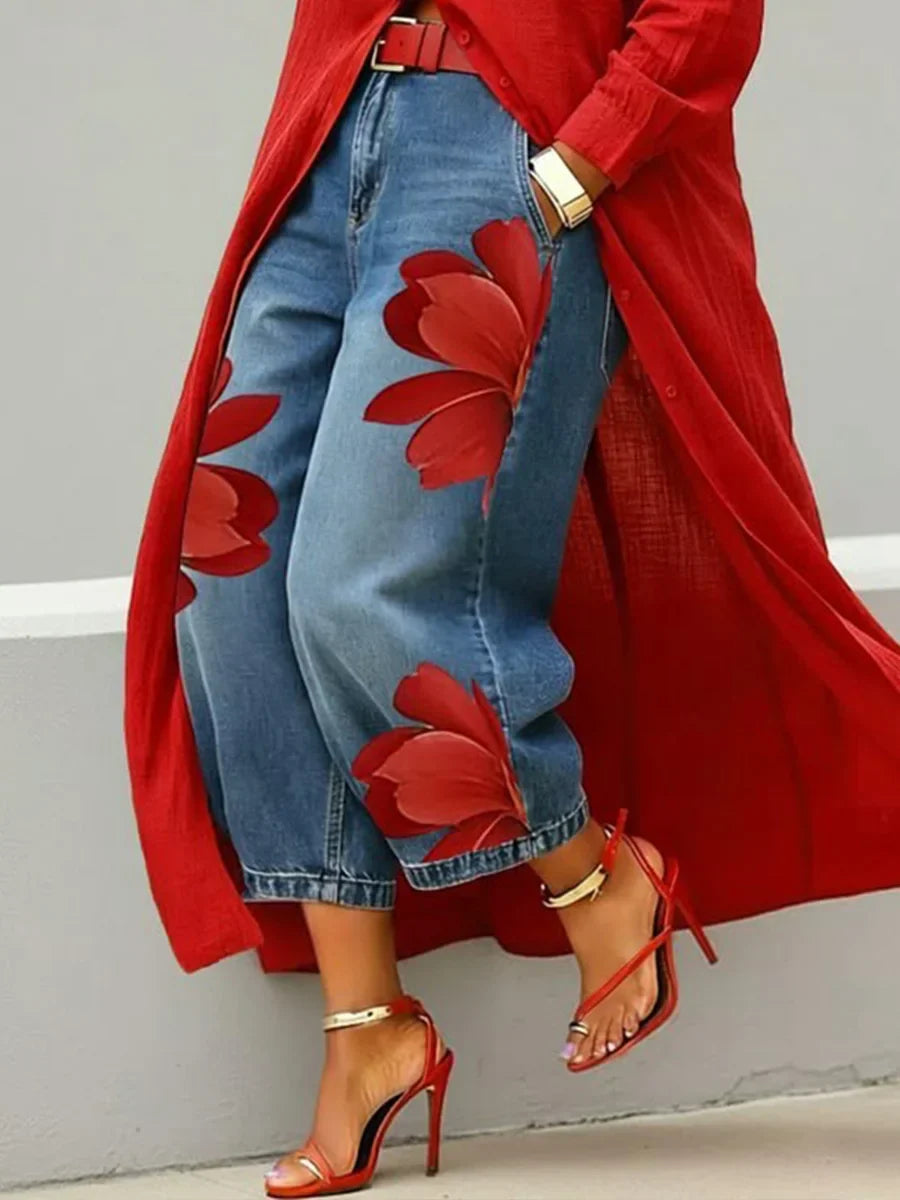 Analie - Linen Shirt Dress and Floral Jeans Set