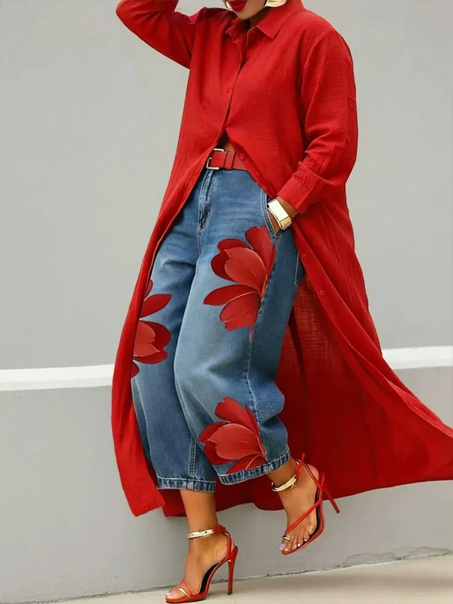 Analie - Linen Shirt Dress and Floral Jeans Set