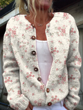 Pink Rose Florets Print | Buttoned Cardigan Sweater