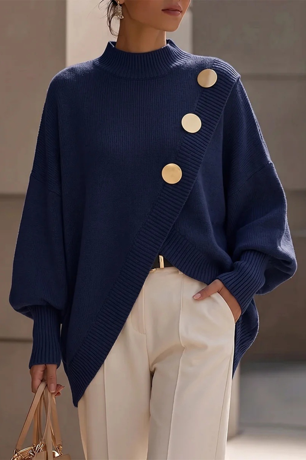 Marisse™ | Asymmetric Button Turtleneck Sweater
