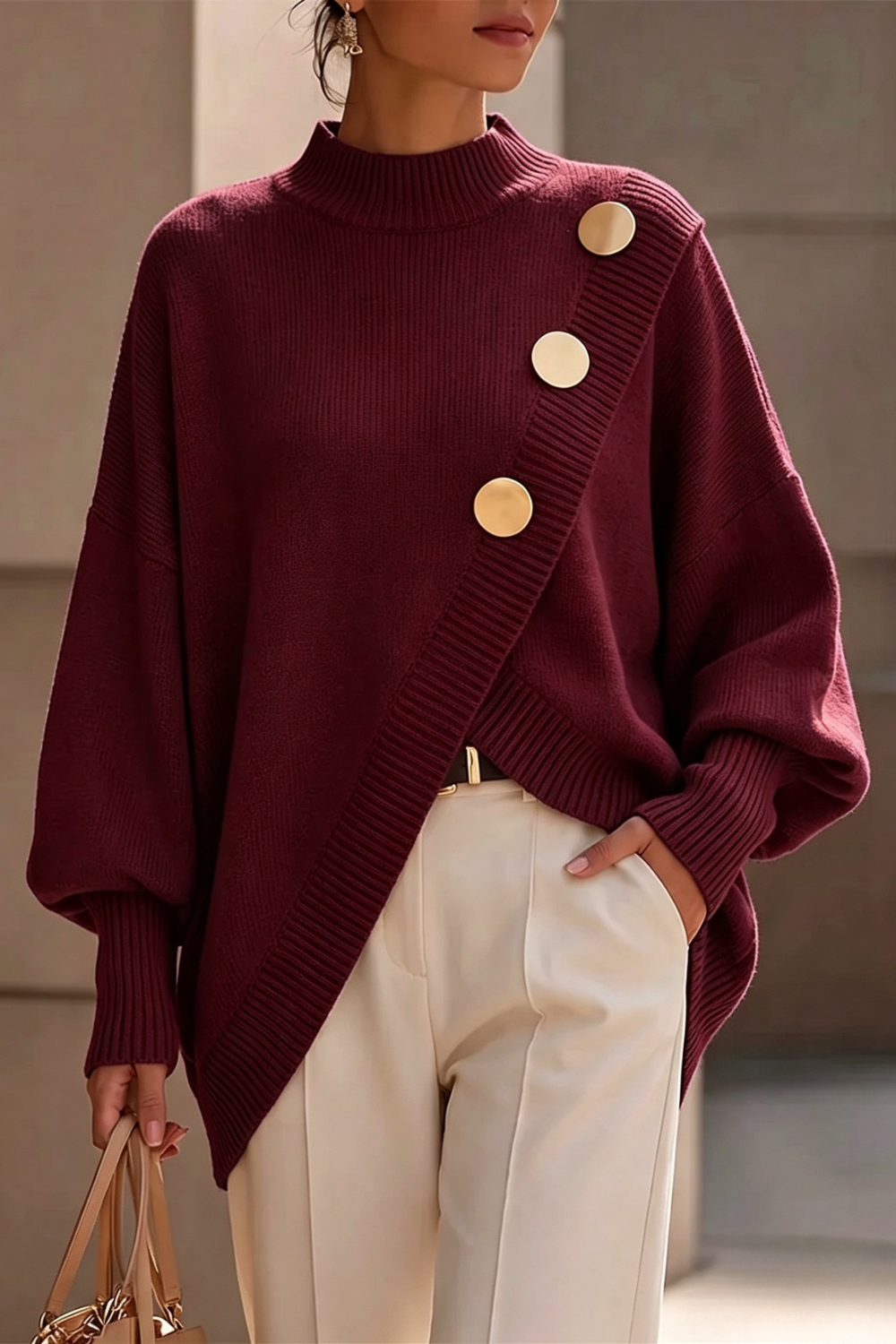 Marisse™ | Asymmetric Button Turtleneck Sweater