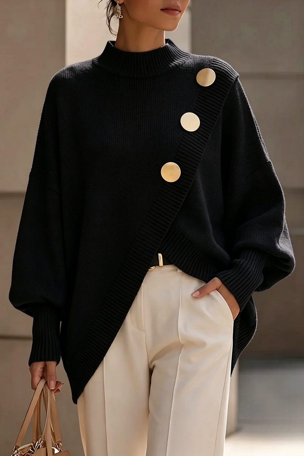 Marisse™ | Asymmetric Button Turtleneck Sweater