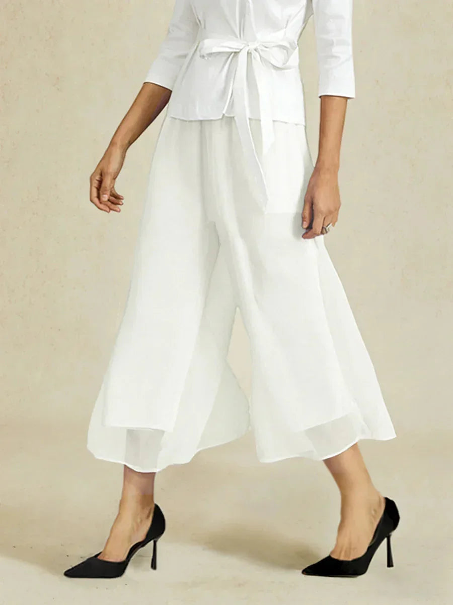 Cropped lengte rechte pijp broek met chiffon split pijp overlay