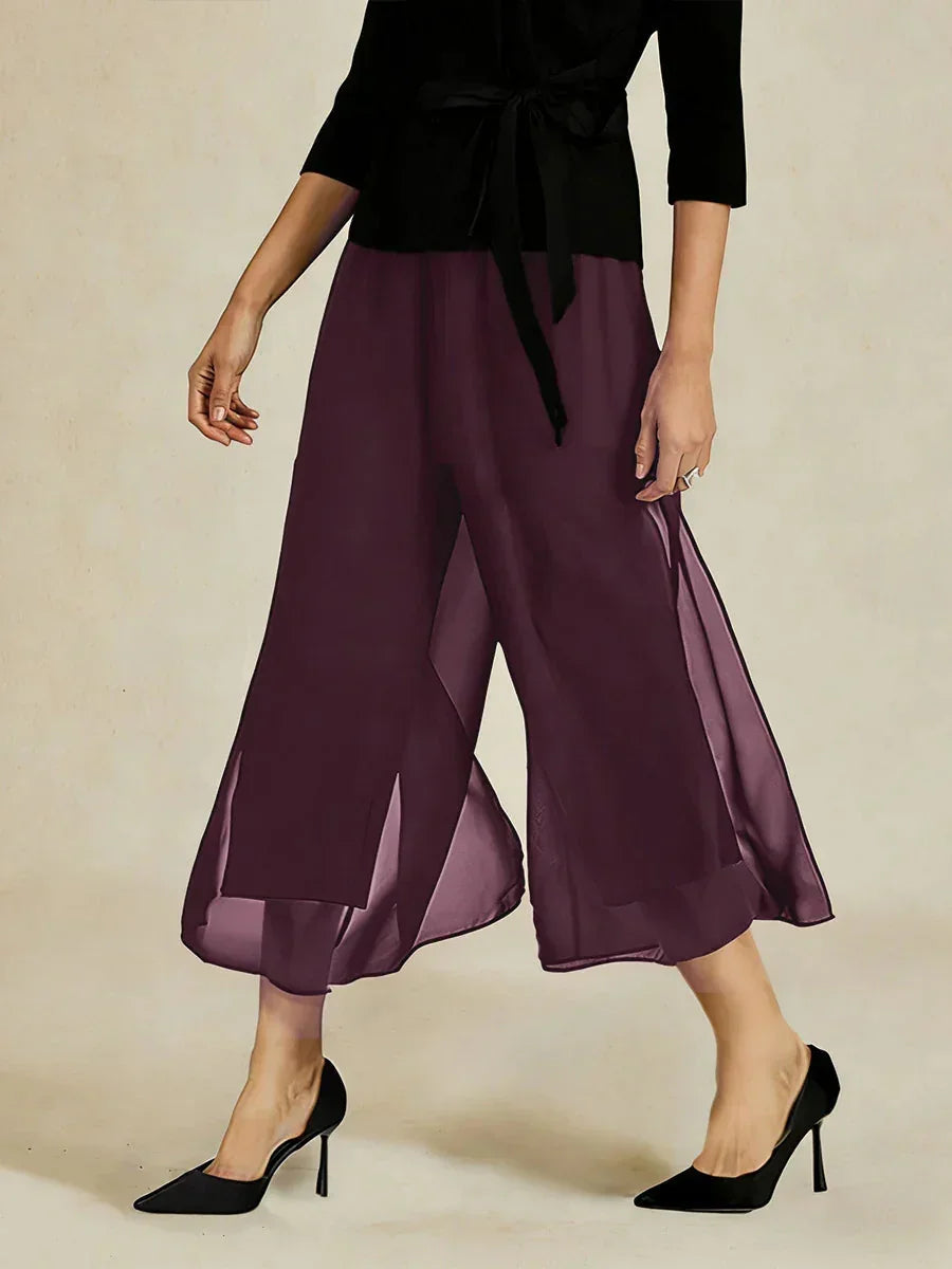 Cropped lengte rechte pijp broek met chiffon split pijp overlay
