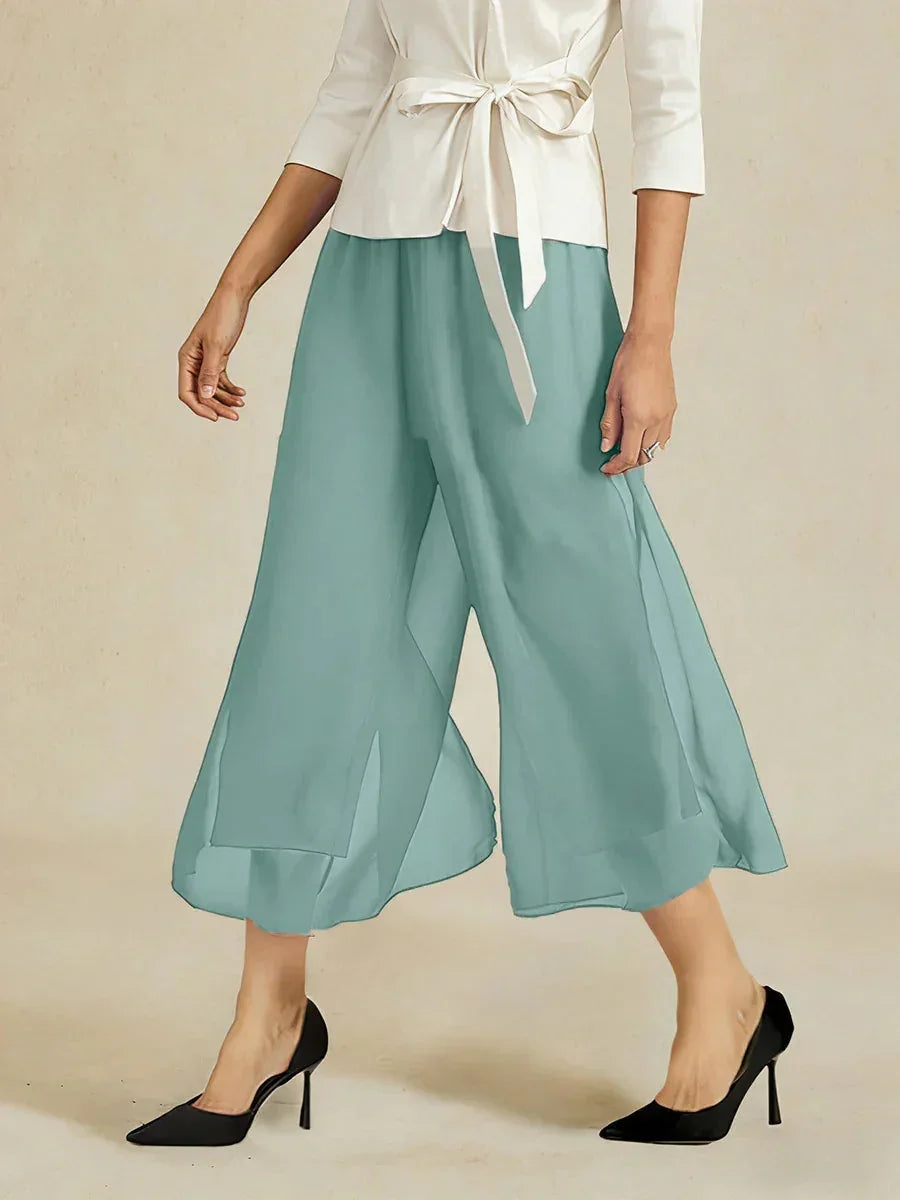 Cropped lengte rechte pijp broek met chiffon split pijp overlay