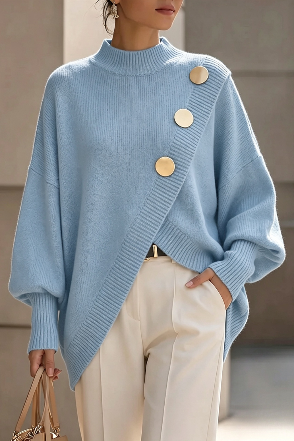 Marisse™ | Asymmetric Button Turtleneck Sweater