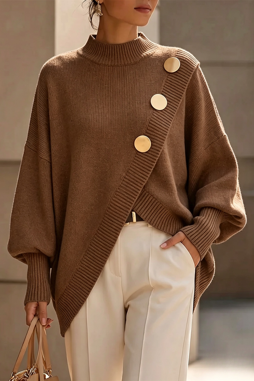 Marisse™ | Asymmetric Button Turtleneck Sweater