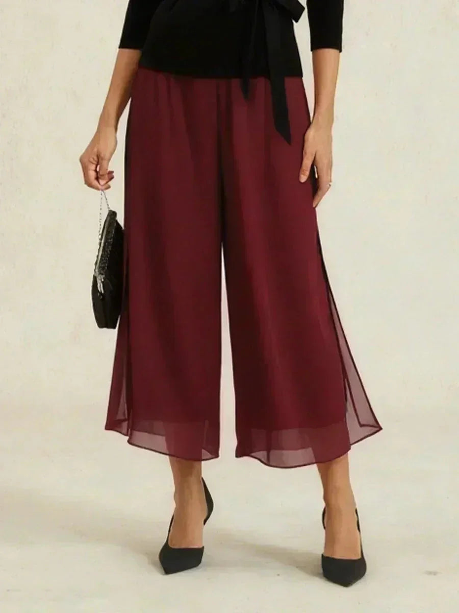 Cropped lengte rechte pijp broek met chiffon split pijp overlay