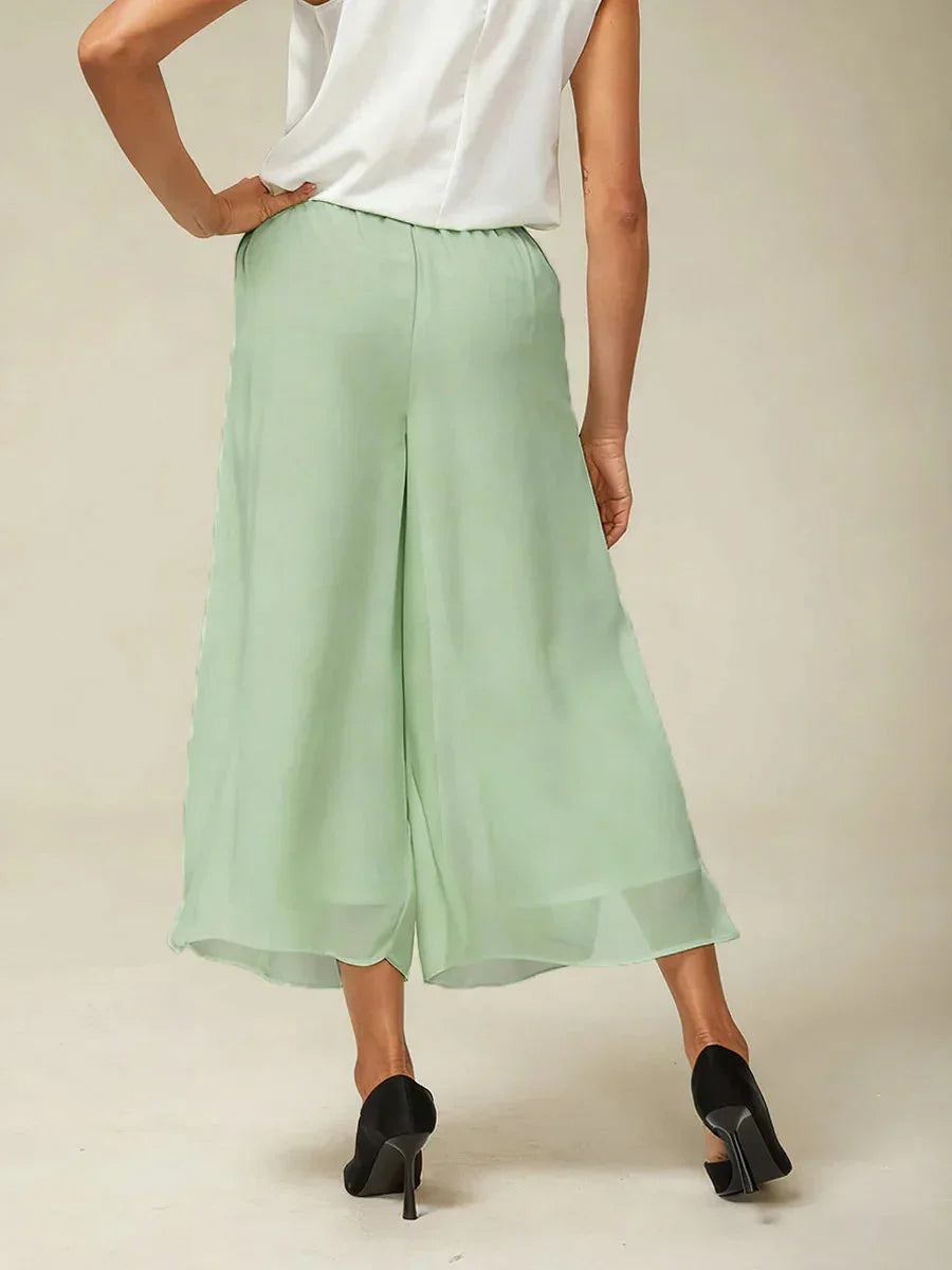 Cropped lengte rechte pijp broek met chiffon split pijp overlay