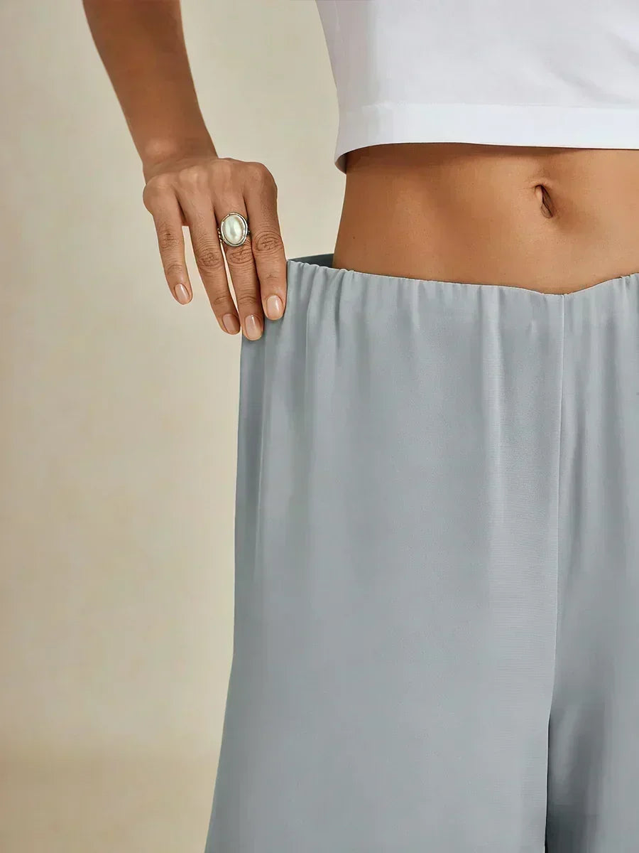 Cropped lengte rechte pijp broek met chiffon split pijp overlay