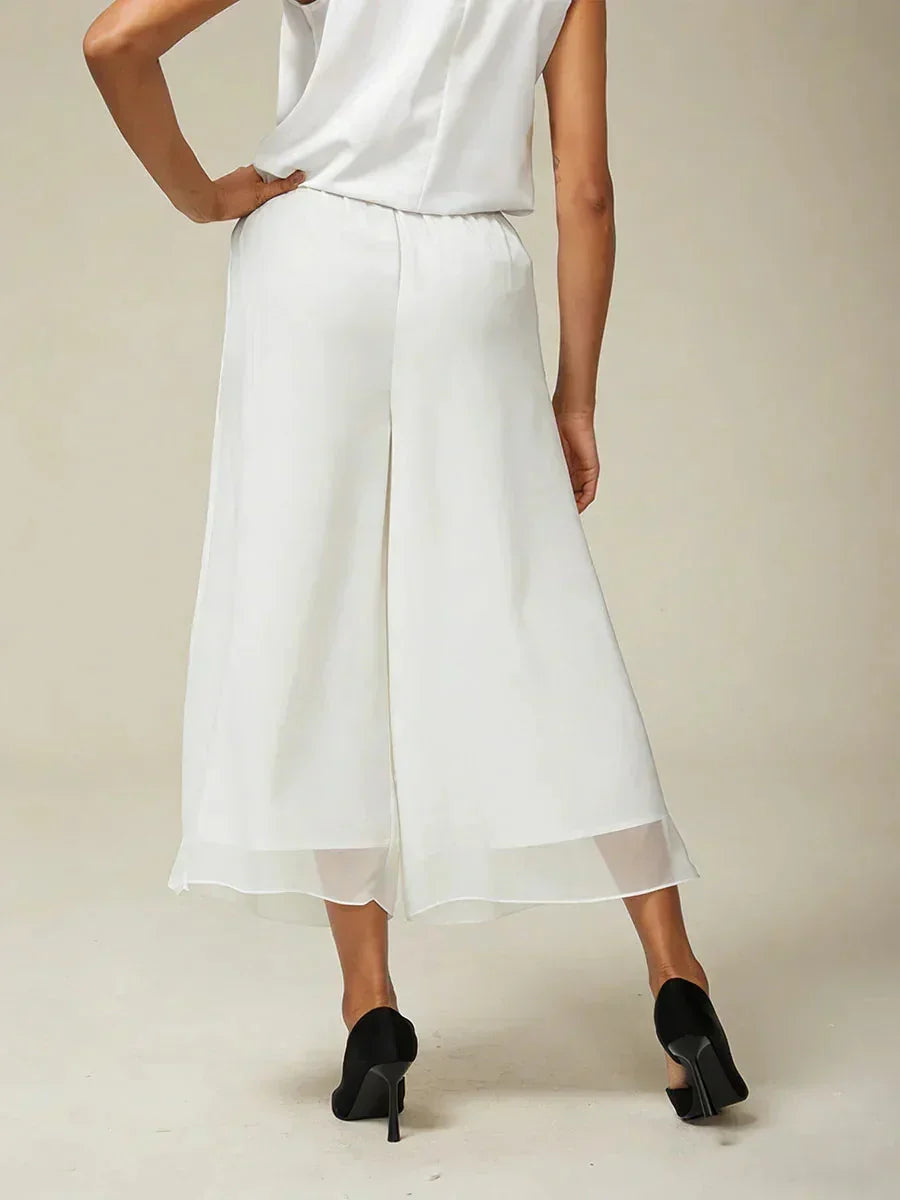 Cropped lengte rechte pijp broek met chiffon split pijp overlay