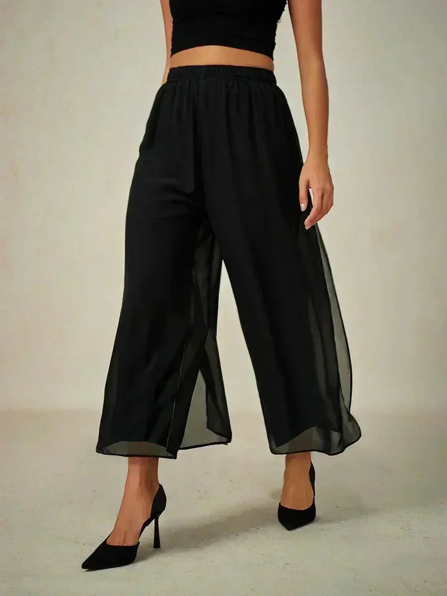 Cropped lengte rechte pijp broek met chiffon split pijp overlay