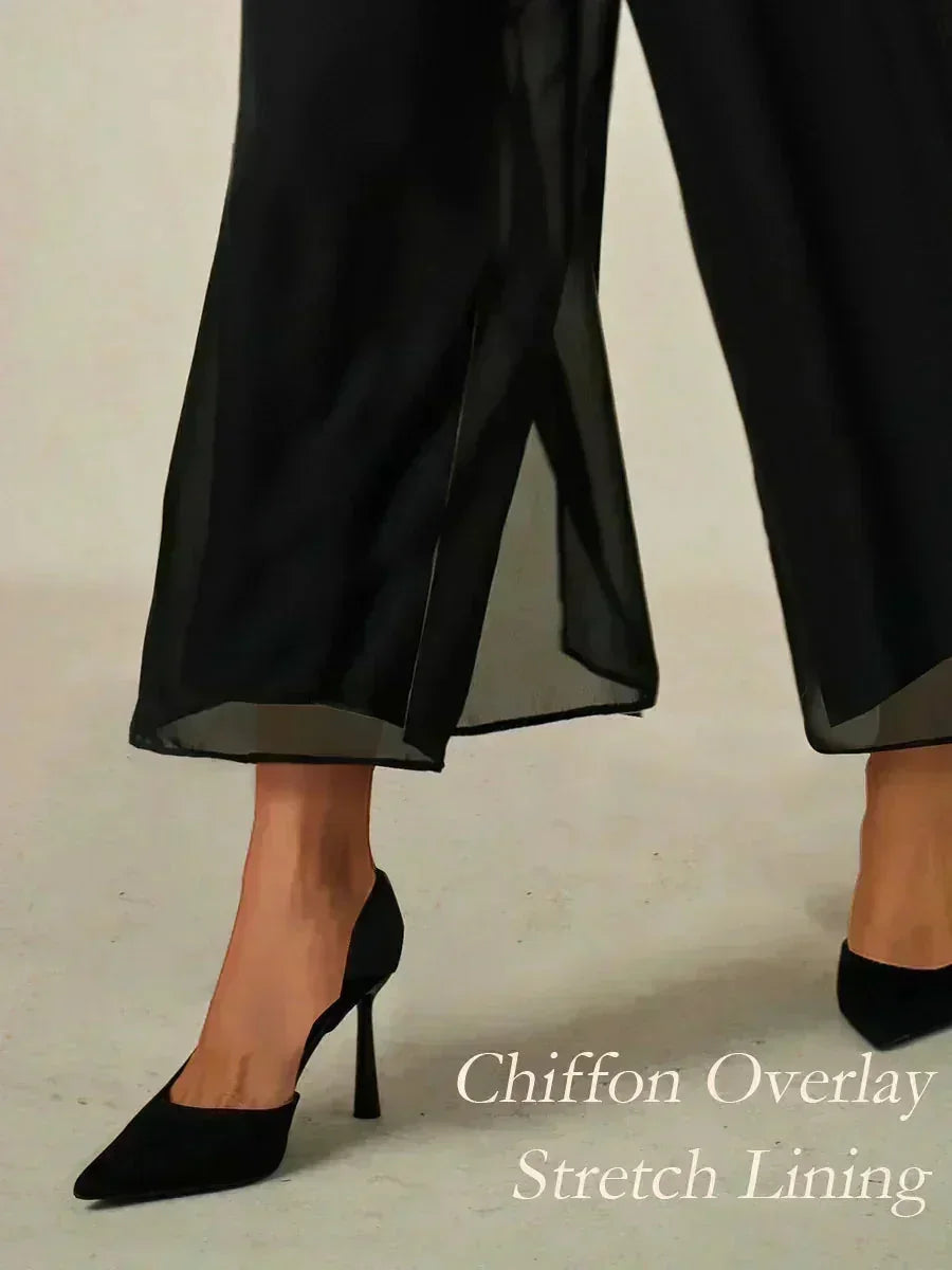 Cropped lengte rechte pijp broek met chiffon split pijp overlay