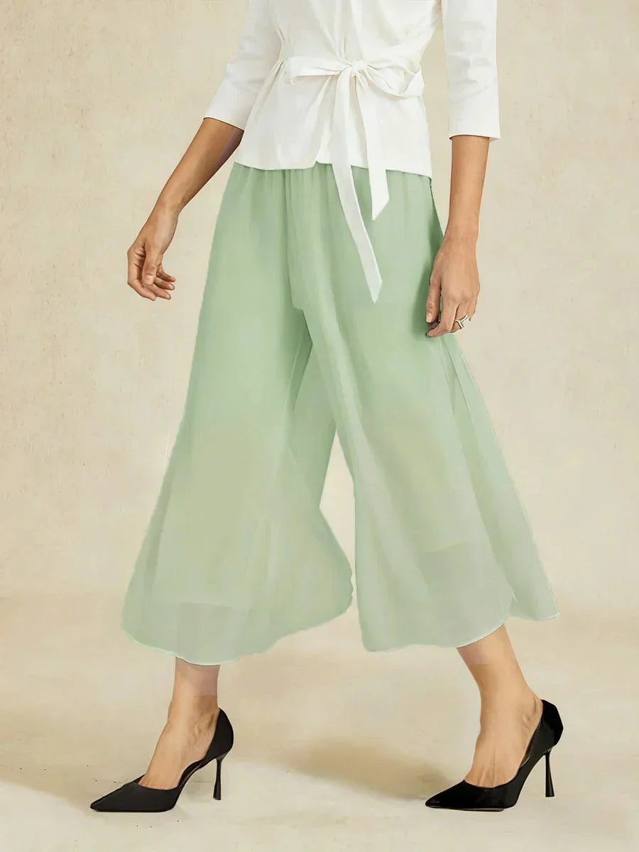 Cropped lengte rechte pijp broek met chiffon split pijp overlay