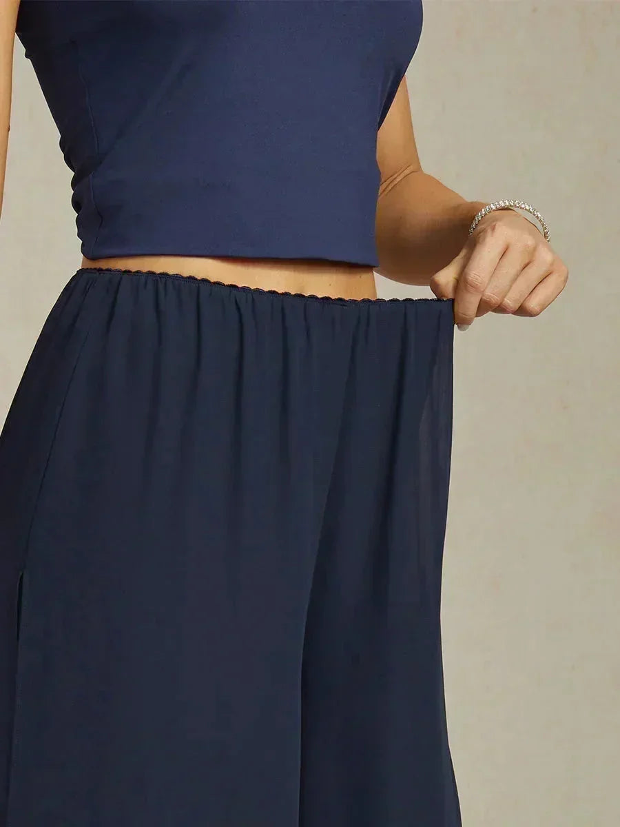 Cropped lengte rechte pijp broek met chiffon split pijp overlay