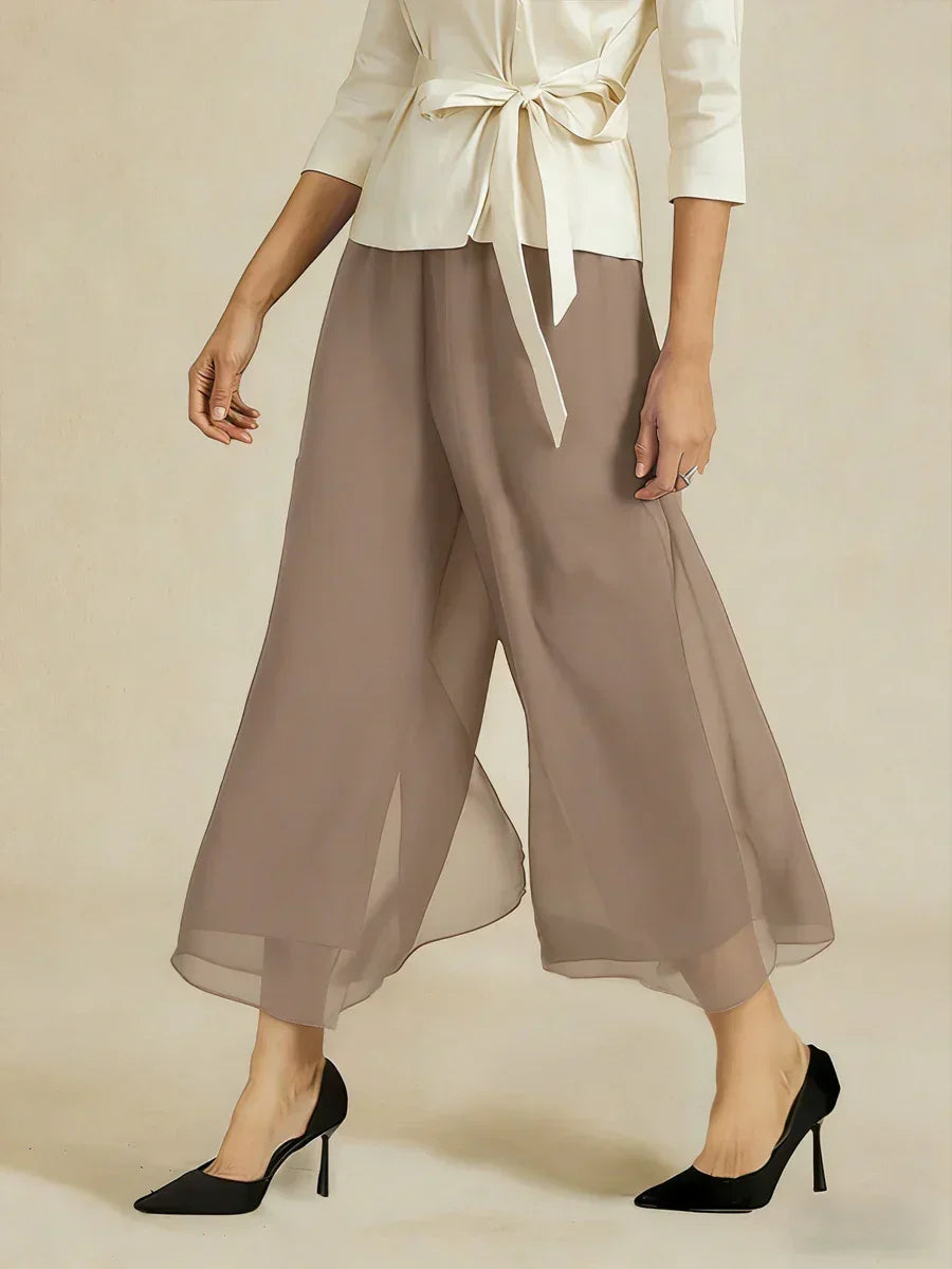 Cropped lengte rechte pijp broek met chiffon split pijp overlay