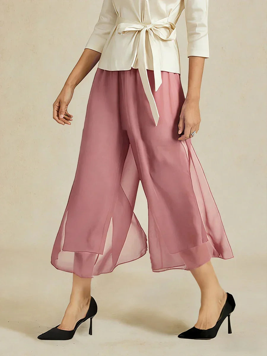 Cropped lengte rechte pijp broek met chiffon split pijp overlay