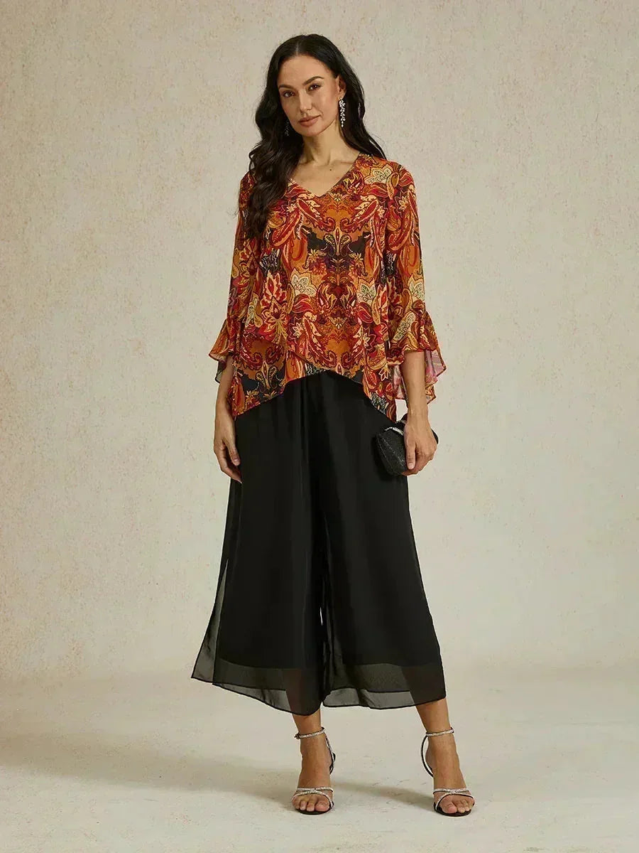 Cropped lengte rechte pijp broek met chiffon split pijp overlay