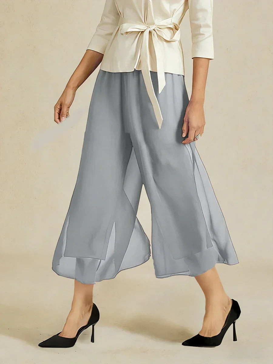 Cropped lengte rechte pijp broek met chiffon split pijp overlay