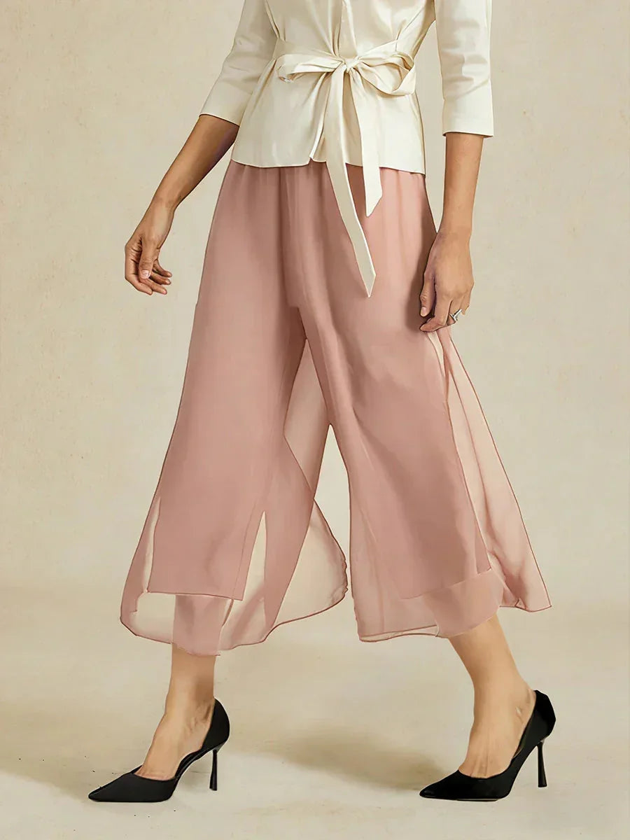 Cropped lengte rechte pijp broek met chiffon split pijp overlay