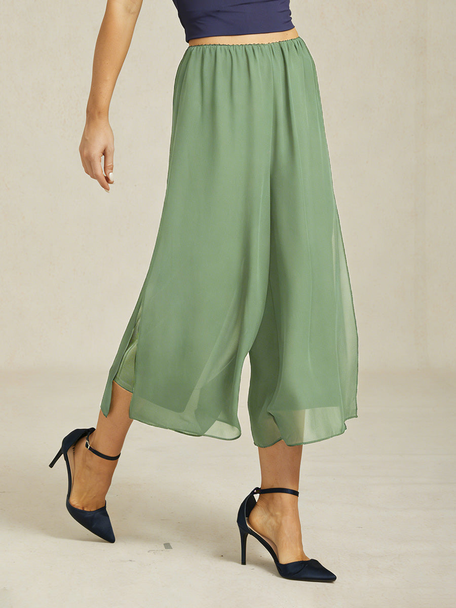 Cropped lengte rechte pijp broek met chiffon split pijp overlay