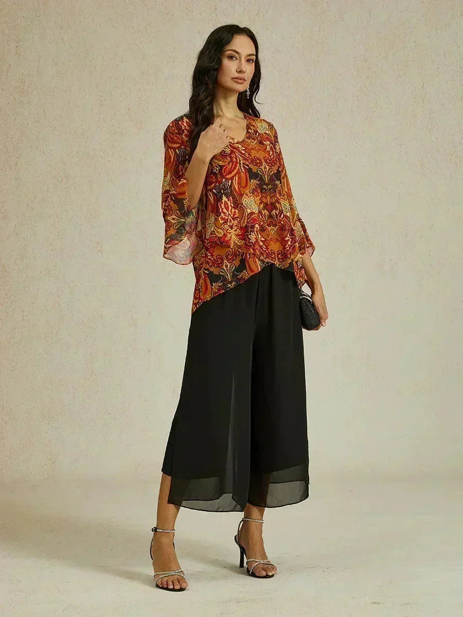 Cropped lengte rechte pijp broek met chiffon split pijp overlay