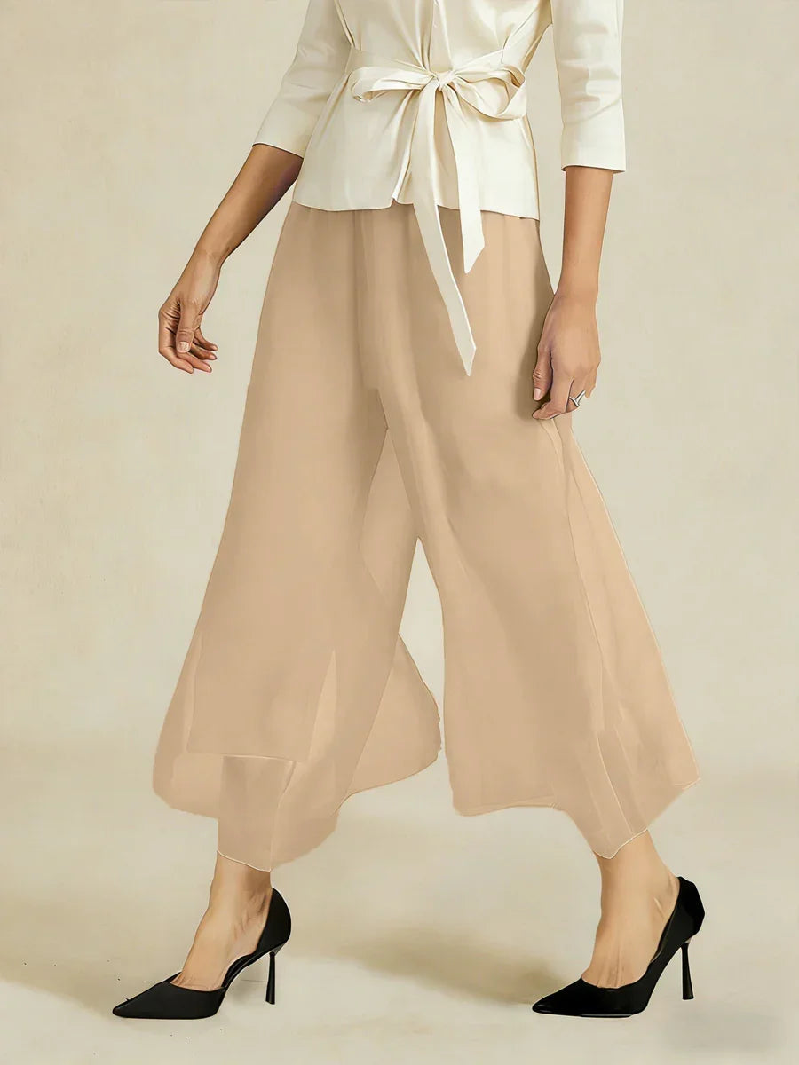 Cropped lengte rechte pijp broek met chiffon split pijp overlay