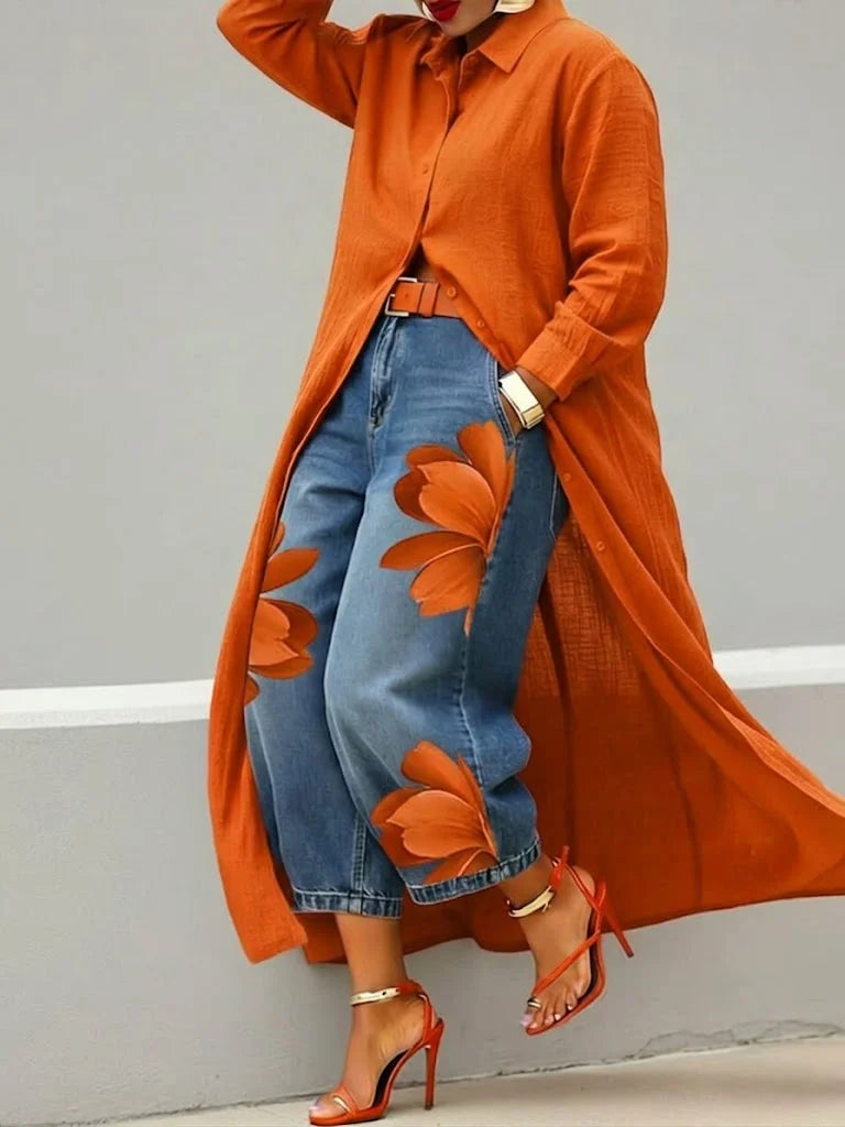 Analie - Linen Shirt Dress and Floral Jeans Set