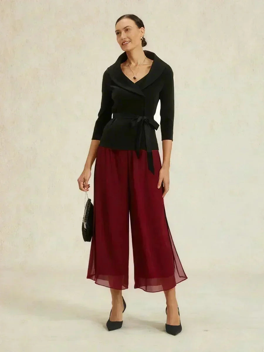 Cropped lengte rechte pijp broek met chiffon split pijp overlay