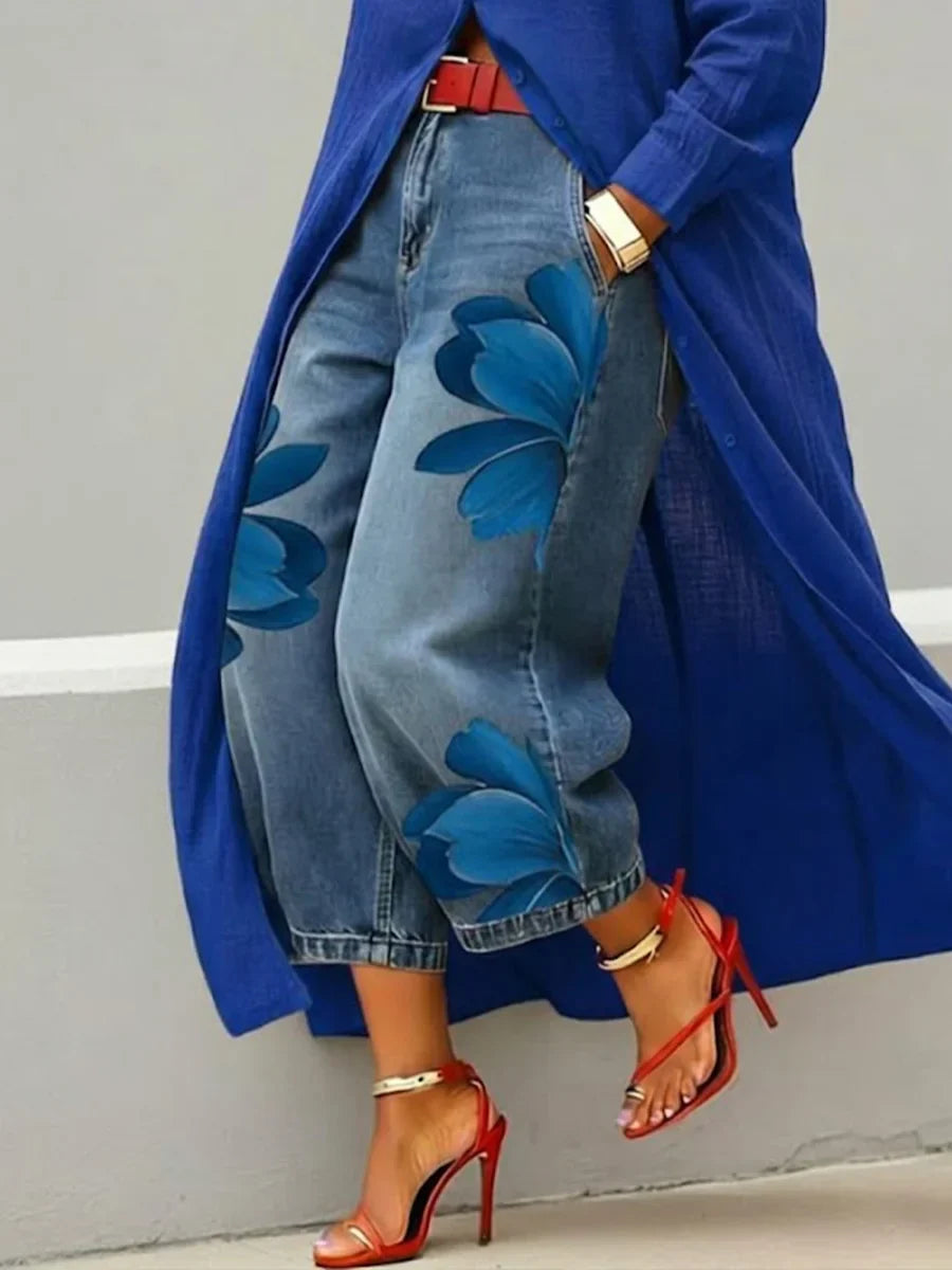 Analie - Linen Shirt Dress and Floral Jeans Set