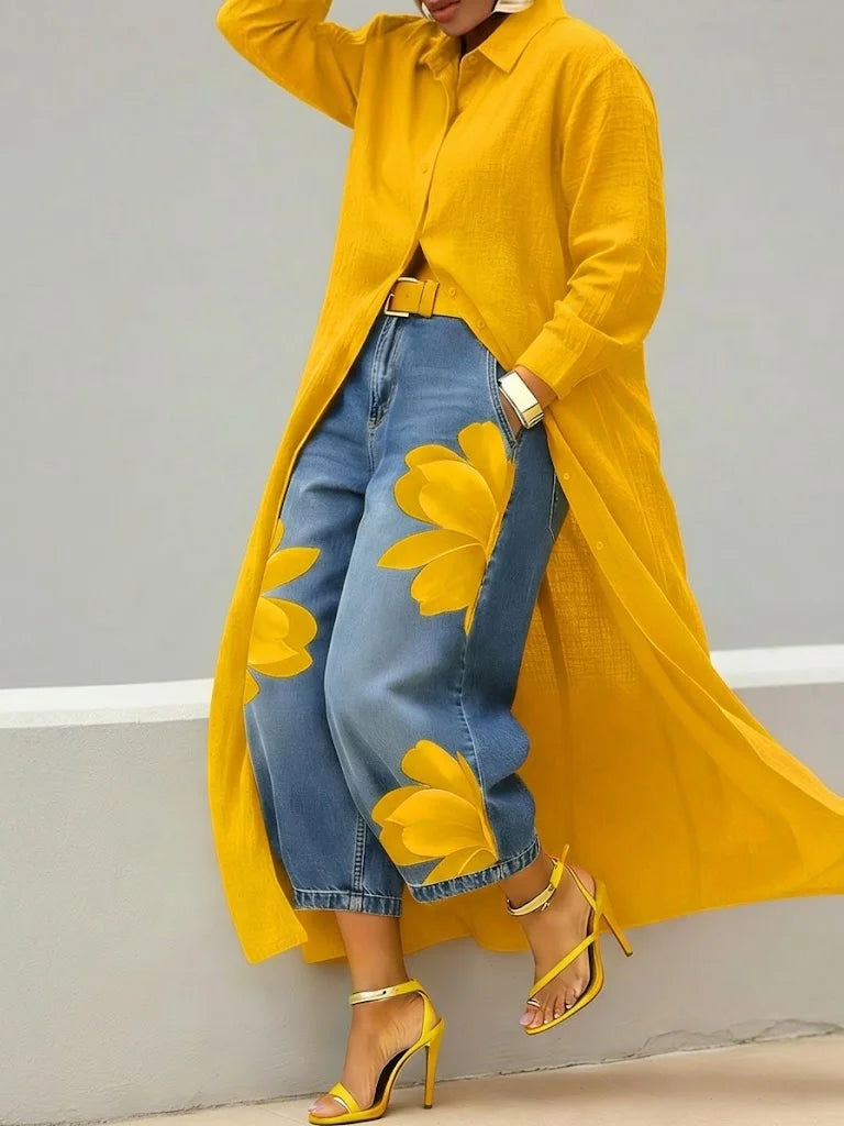 Analie - Linen Shirt Dress and Floral Jeans Set