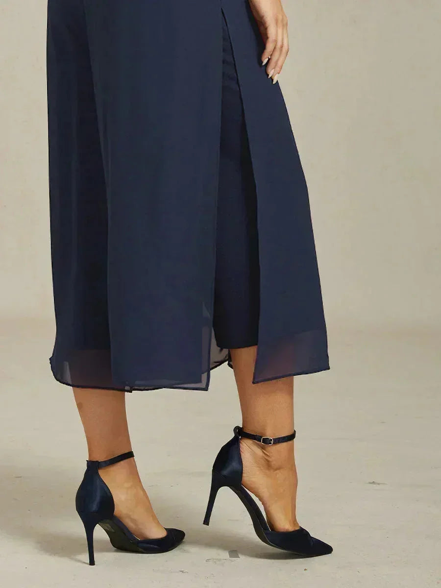 Cropped lengte rechte pijp broek met chiffon split pijp overlay