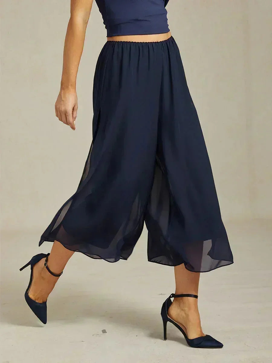 Cropped lengte rechte pijp broek met chiffon split pijp overlay