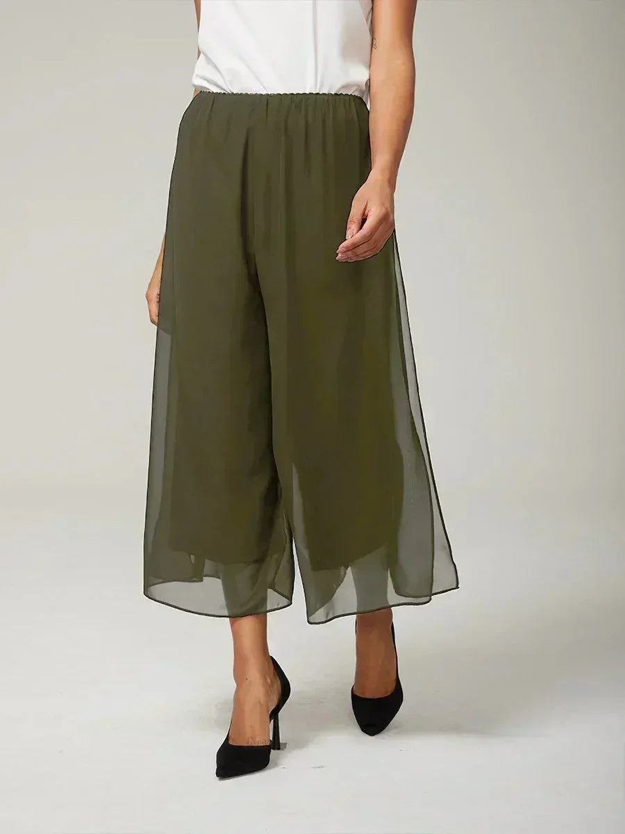 Cropped lengte rechte pijp broek met chiffon split pijp overlay