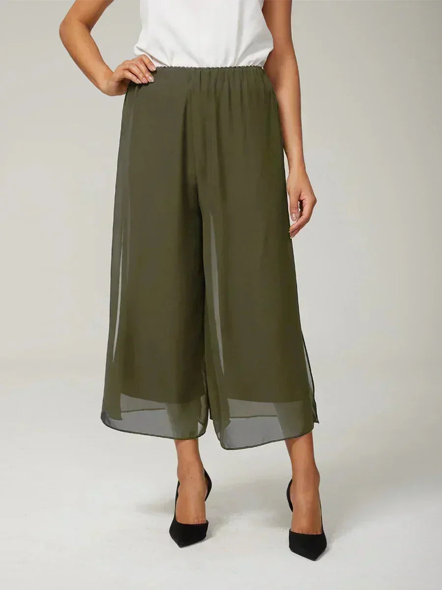 Cropped lengte rechte pijp broek met chiffon split pijp overlay