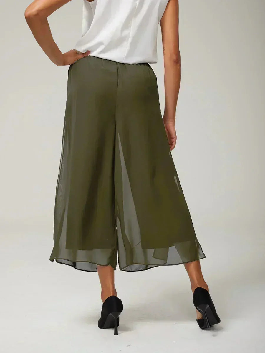 Cropped lengte rechte pijp broek met chiffon split pijp overlay