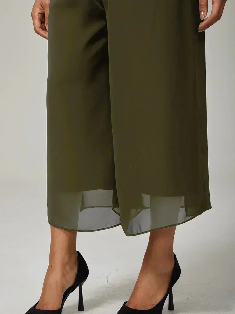 Cropped lengte rechte pijp broek met chiffon split pijp overlay