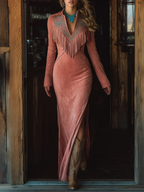 Vintage Western Tassel Embroidered Pink Faux Suede Dress