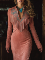 Vintage Western Tassel Embroidered Pink Faux Suede Dress