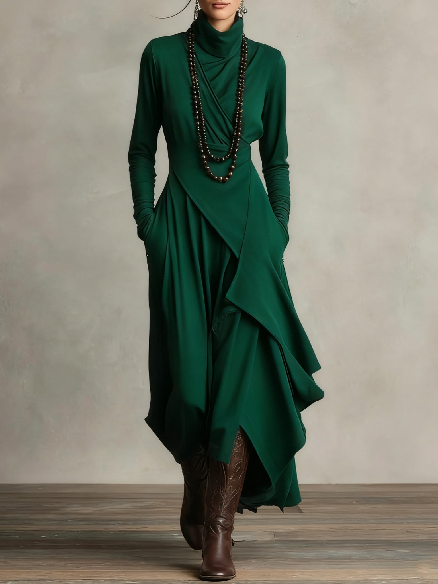 Giorgia - Asymmetrical Maxi Pleated Dress in Purple with High Neck (Necklace not included)