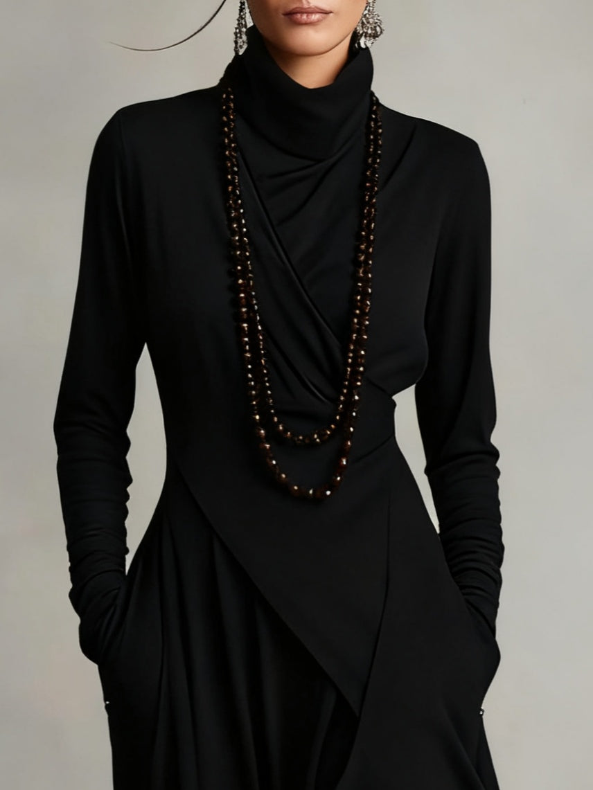 Giorgia - Asymmetrical Maxi Pleated Dress in Purple with High Neck (Necklace not included)
