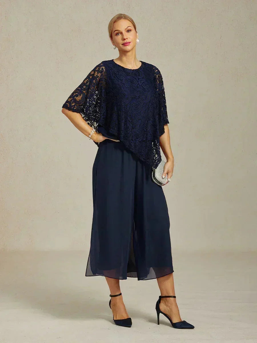 Cropped lengte rechte pijp broek met chiffon split pijp overlay