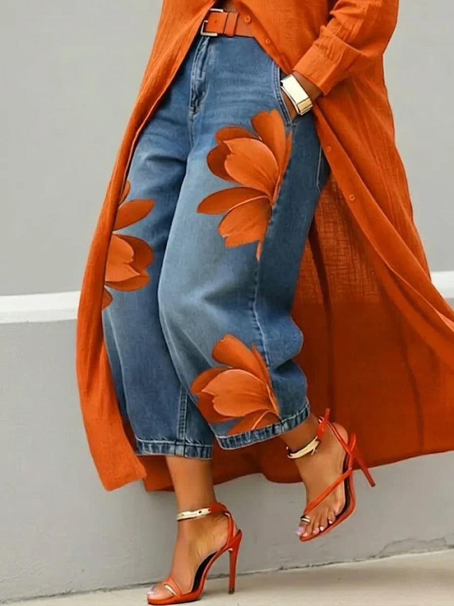 Analie - Linen Shirt Dress and Floral Jeans Set