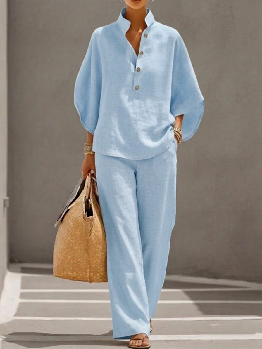 Mariel | Complete linen set with batwing sleeves and wide pants