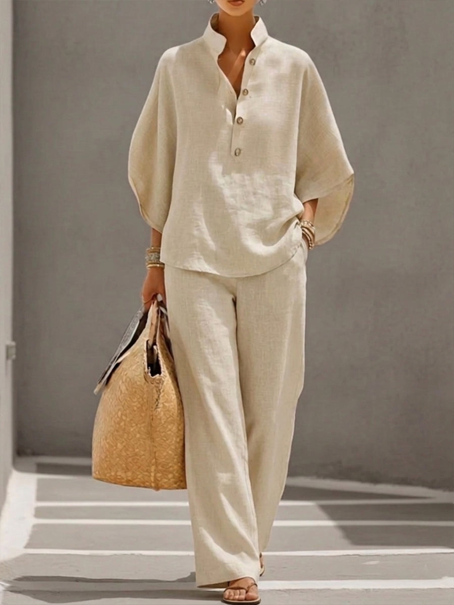 Mariel | Complete linen set with batwing sleeves and wide pants